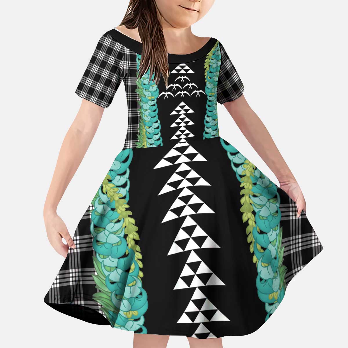 Black Palaka Hawaii Iwa Bird Kid Short Sleeve Dress Hawaiian Kakau Jade Vine Lei LT14 KID Black - Polynesian Pride
