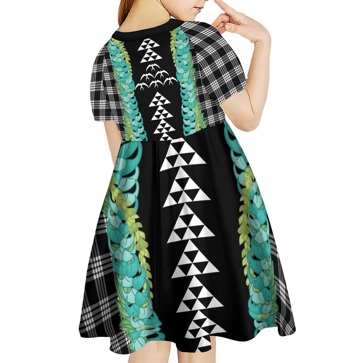 Black Palaka Hawaii Iwa Bird Kid Short Sleeve Dress Hawaiian Kakau Jade Vine Lei LT14 - Polynesian Pride