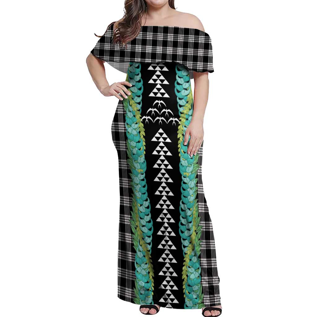 Black Palaka Hawaii Iwa Bird Off Shoulder Maxi Dress Hawaiian Kakau Jade Vine Lei LT14 Women Black - Polynesian Pride
