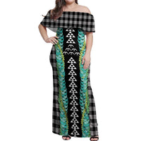Black Palaka Hawaii Iwa Bird Off Shoulder Maxi Dress Hawaiian Kakau Jade Vine Lei LT14 Women Black - Polynesian Pride