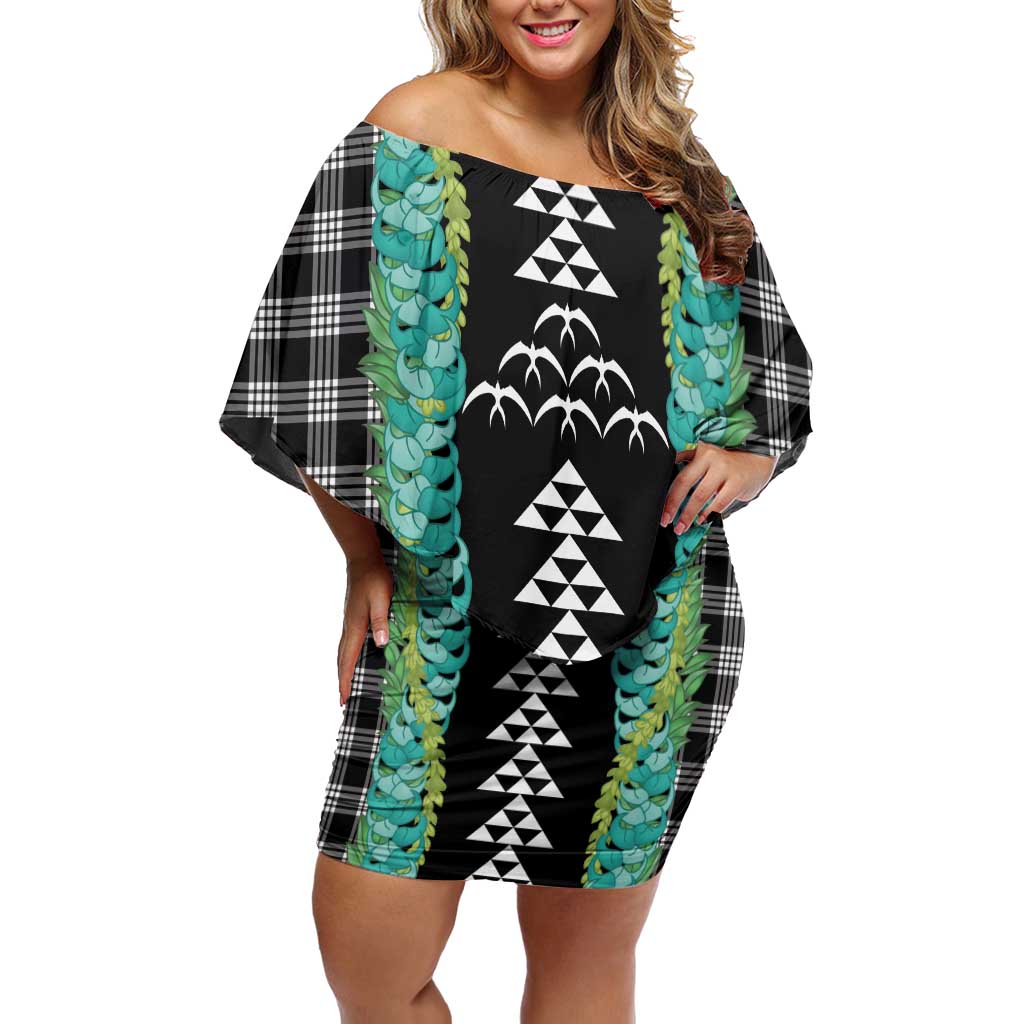 Black Palaka Hawaii Iwa Bird Off Shoulder Short Dress Hawaiian Kakau Jade Vine Lei LT14 Women Black - Polynesian Pride