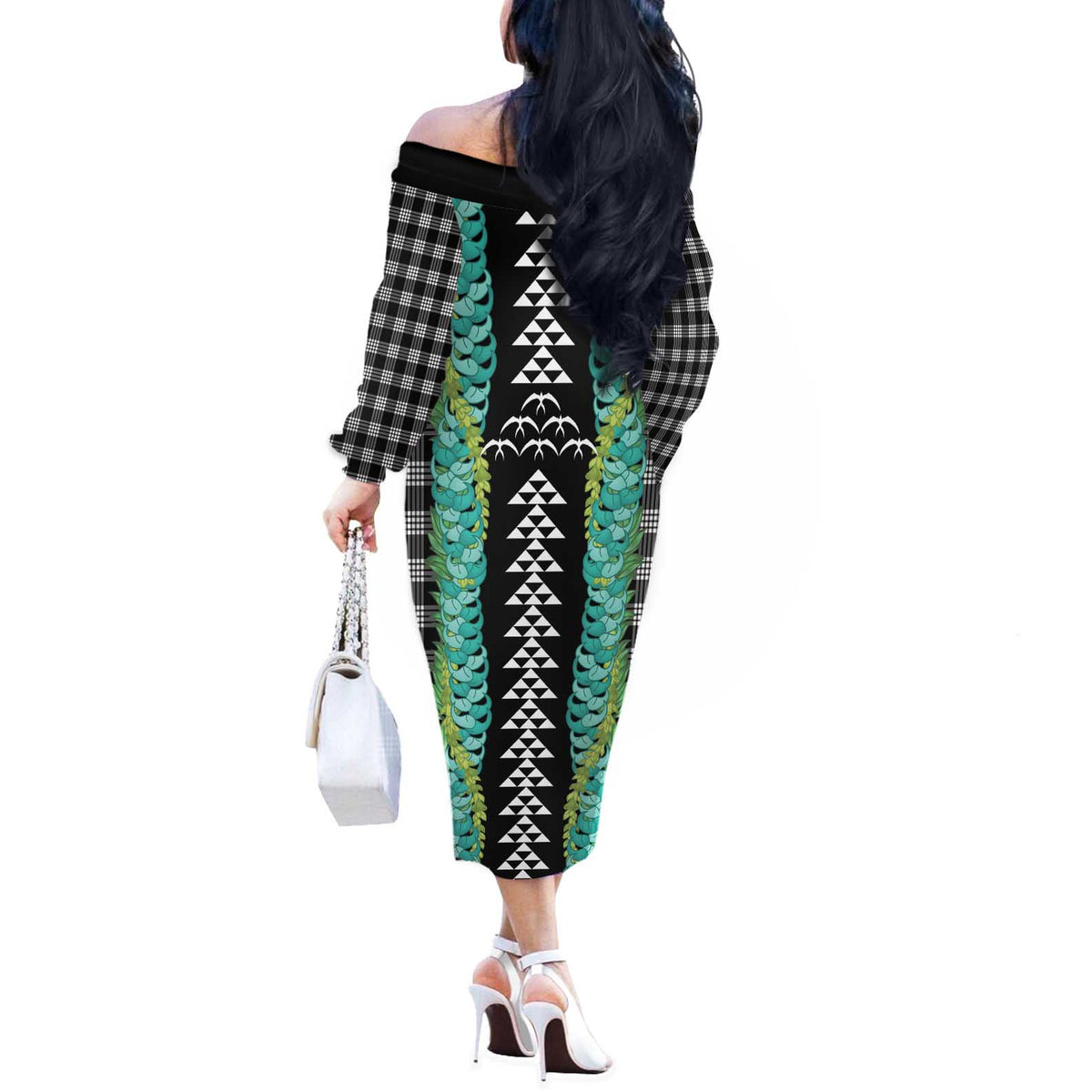 Black Palaka Hawaii Iwa Bird Off The Shoulder Long Sleeve Dress Hawaiian Kakau Jade Vine Lei LT14 - Polynesian Pride