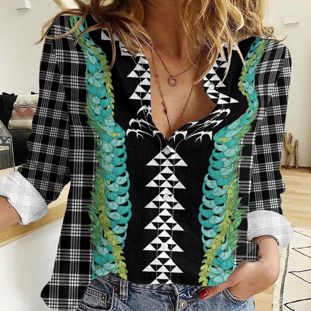 Black Palaka Hawaii Iwa Bird Women Casual Shirt Hawaiian Kakau Jade Vine Lei LT14 Female Black - Polynesian Pride