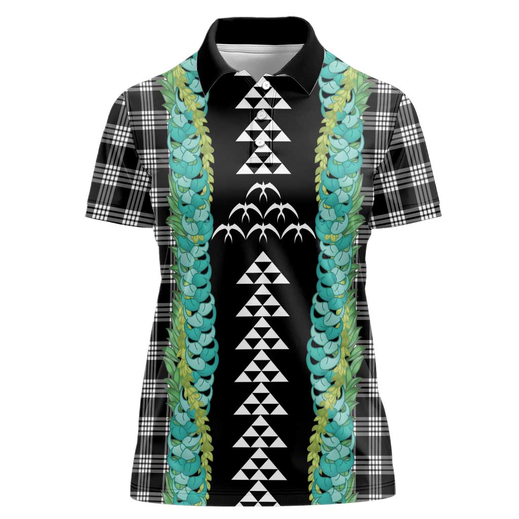 Black Palaka Hawaii Iwa Bird Women Polo Shirt Hawaiian Kakau Jade Vine Lei LT14 Female Black - Polynesian Pride