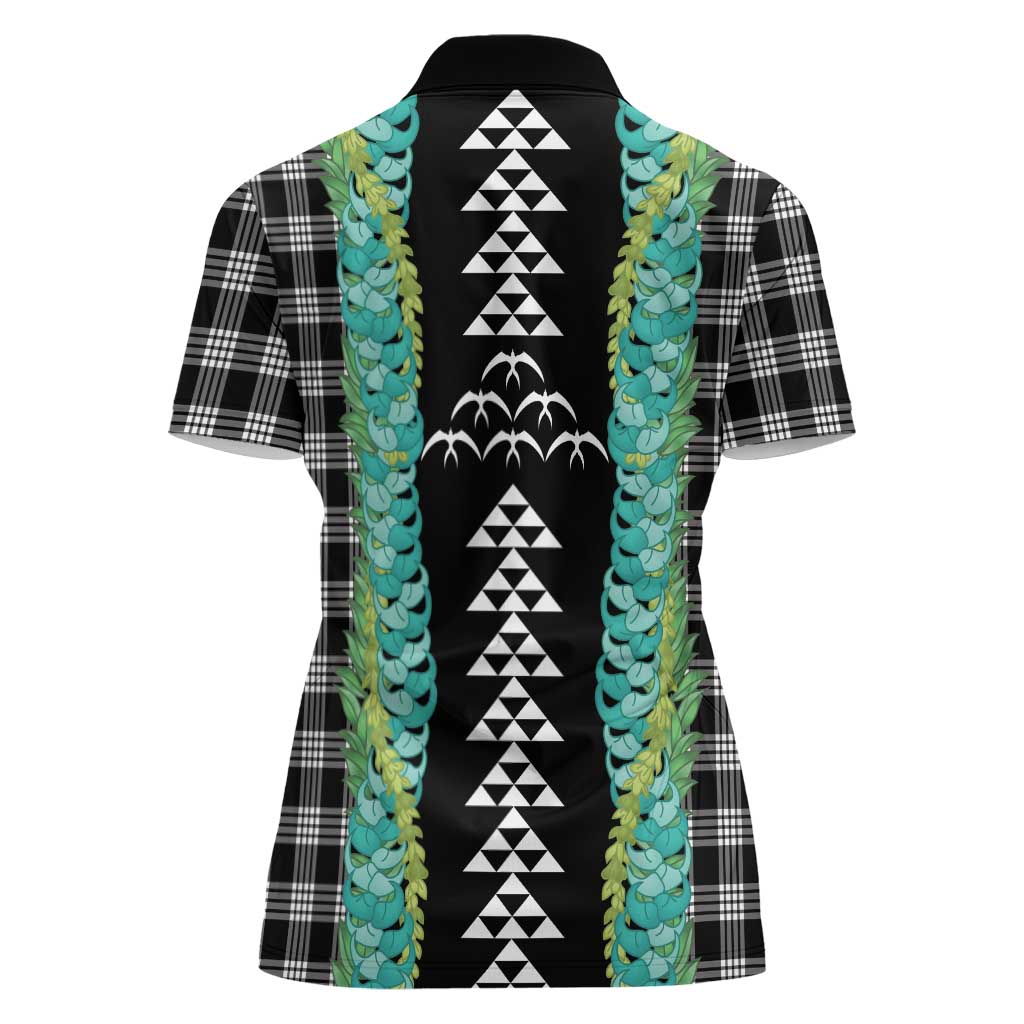 Black Palaka Hawaii Iwa Bird Women Polo Shirt Hawaiian Kakau Jade Vine Lei LT14 - Polynesian Pride