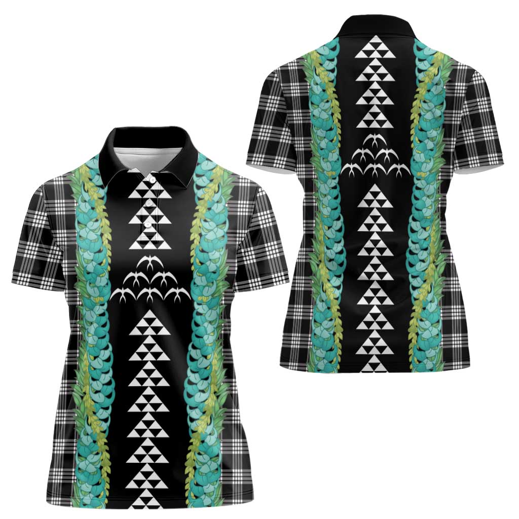 Black Palaka Hawaii Iwa Bird Women Polo Shirt Hawaiian Kakau Jade Vine Lei LT14 - Polynesian Pride