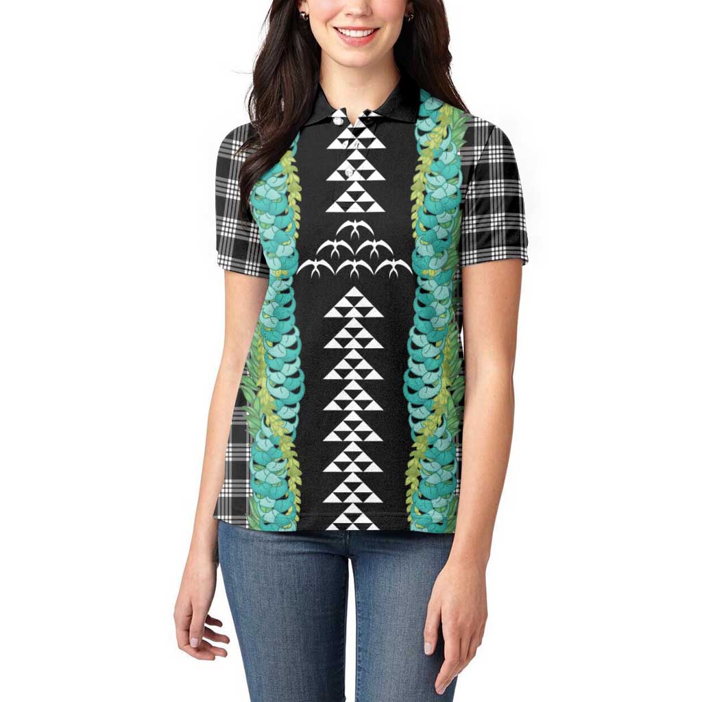 Black Palaka Hawaii Iwa Bird Women Polo Shirt Hawaiian Kakau Jade Vine Lei LT14 - Polynesian Pride