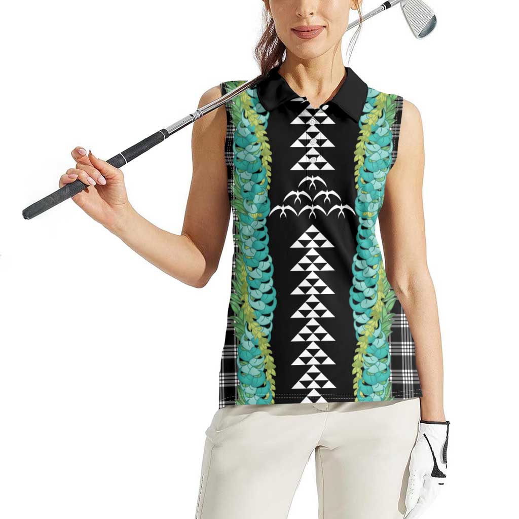 Black Palaka Hawaii Iwa Bird Women Sleeveless Polo Shirt Hawaiian Kakau Jade Vine Lei LT14 - Polynesian Pride