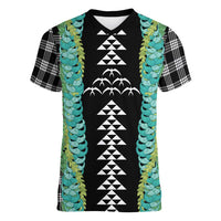 Black Palaka Hawaii Iwa Bird Women V-Neck T-Shirt Hawaiian Kakau Jade Vine Lei LT14 Female Black - Polynesian Pride