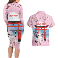 Japanese Torii Gate Cranes Personalised Couples Matching Long Sleeve Bodycon Dress and Hawaiian Shirt Fuji Mount Sakura Seigaiha Pattern LT14 - Polynesian Pride