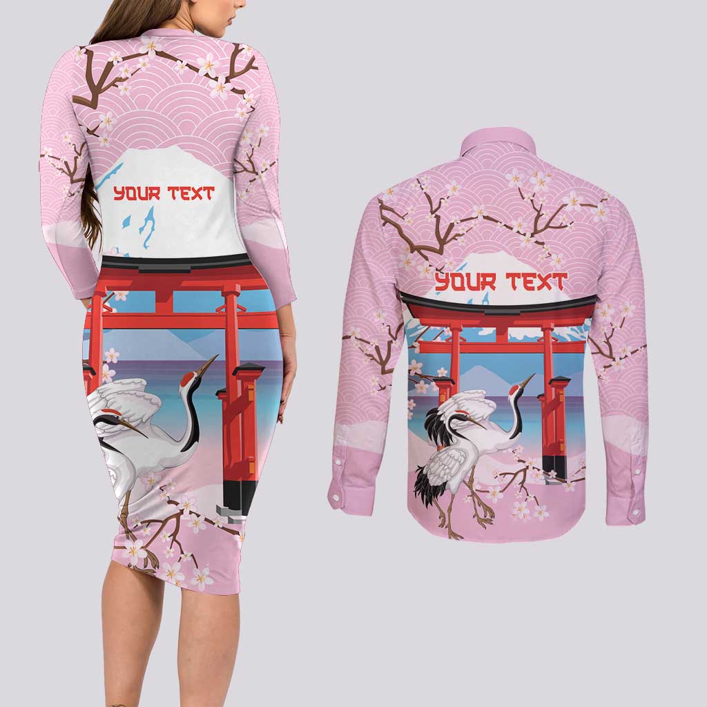 Japanese Torii Gate Cranes Personalised Couples Matching Long Sleeve Bodycon Dress and Long Sleeve Button Shirt Fuji Mount Sakura Seigaiha Pattern