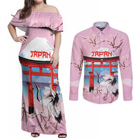 Japanese Torii Gate Cranes Personalised Couples Matching Off Shoulder Maxi Dress and Long Sleeve Button Shirt Fuji Mount Sakura Seigaiha Pattern LT14 Pink - Polynesian Pride