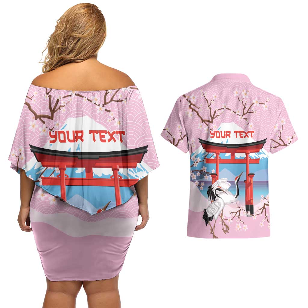 Japanese Torii Gate Cranes Personalised Couples Matching Off Shoulder Short Dress and Hawaiian Shirt Fuji Mount Sakura Seigaiha Pattern