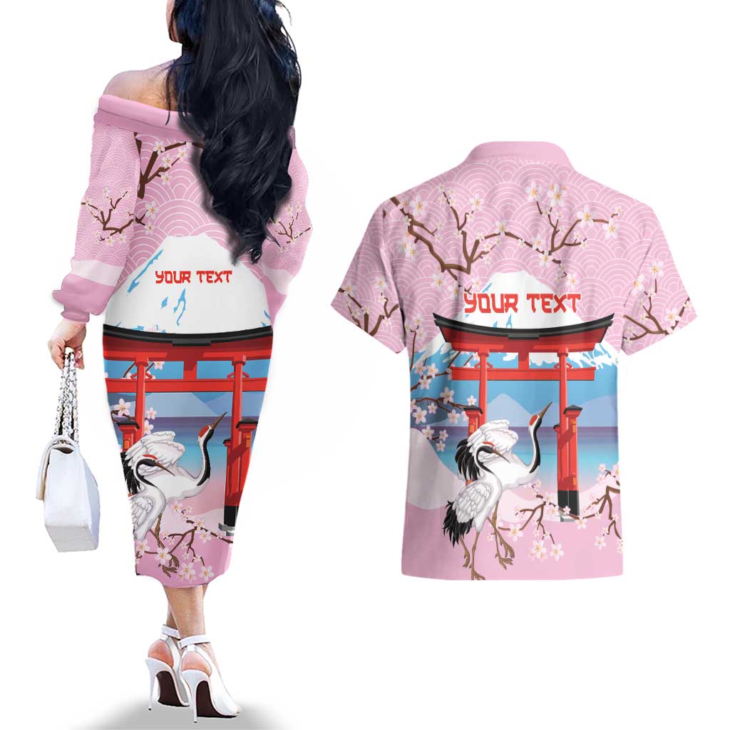 Japanese Torii Gate Cranes Personalised Couples Matching Off The Shoulder Long Sleeve Dress and Hawaiian Shirt Fuji Mount Sakura Seigaiha Pattern LT14 - Polynesian Pride
