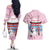 Japanese Torii Gate Cranes Personalised Couples Matching Off The Shoulder Long Sleeve Dress and Hawaiian Shirt Fuji Mount Sakura Seigaiha Pattern LT14 - Polynesian Pride