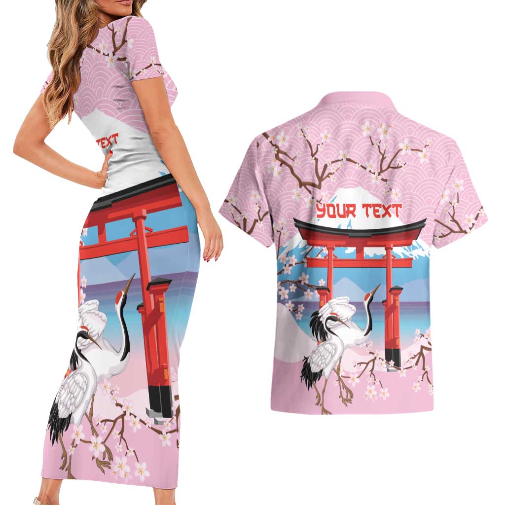 Japanese Torii Gate Cranes Personalised Couples Matching Short Sleeve Bodycon Dress and Hawaiian Shirt Fuji Mount Sakura Seigaiha Pattern LT14 - Polynesian Pride