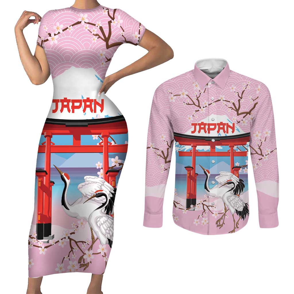 Japanese Torii Gate Cranes Personalised Couples Matching Short Sleeve Bodycon Dress and Long Sleeve Button Shirt Fuji Mount Sakura Seigaiha Pattern LT14 Pink - Polynesian Pride