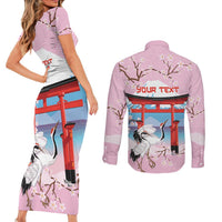 Japanese Torii Gate Cranes Personalised Couples Matching Short Sleeve Bodycon Dress and Long Sleeve Button Shirt Fuji Mount Sakura Seigaiha Pattern LT14 - Polynesian Pride