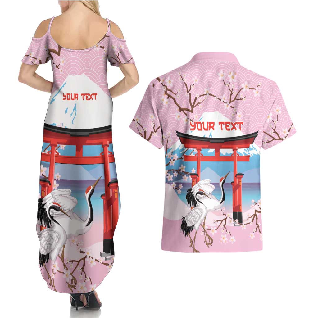 Japanese Torii Gate Cranes Personalised Couples Matching Summer Maxi Dress and Hawaiian Shirt Fuji Mount Sakura Seigaiha Pattern LT14 - Polynesian Pride