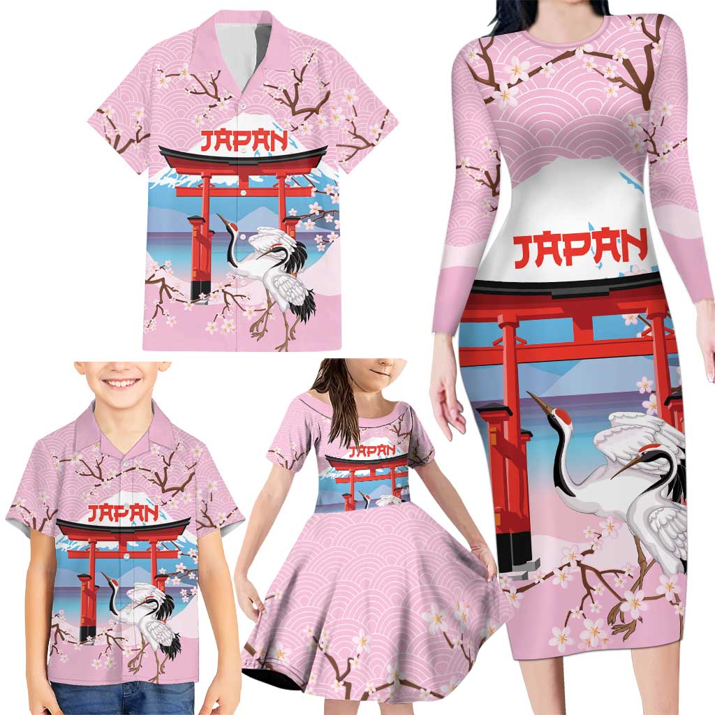 Japanese Torii Gate Cranes Personalised Family Matching Long Sleeve Bodycon Dress and Hawaiian Shirt Fuji Mount Sakura Seigaiha Pattern LT14 - Polynesian Pride