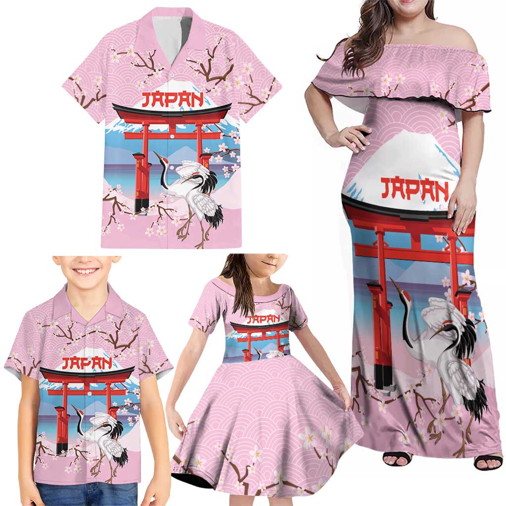 Japanese Torii Gate Cranes Personalised Family Matching Off Shoulder Maxi Dress and Hawaiian Shirt Fuji Mount Sakura Seigaiha Pattern LT14 - Polynesian Pride