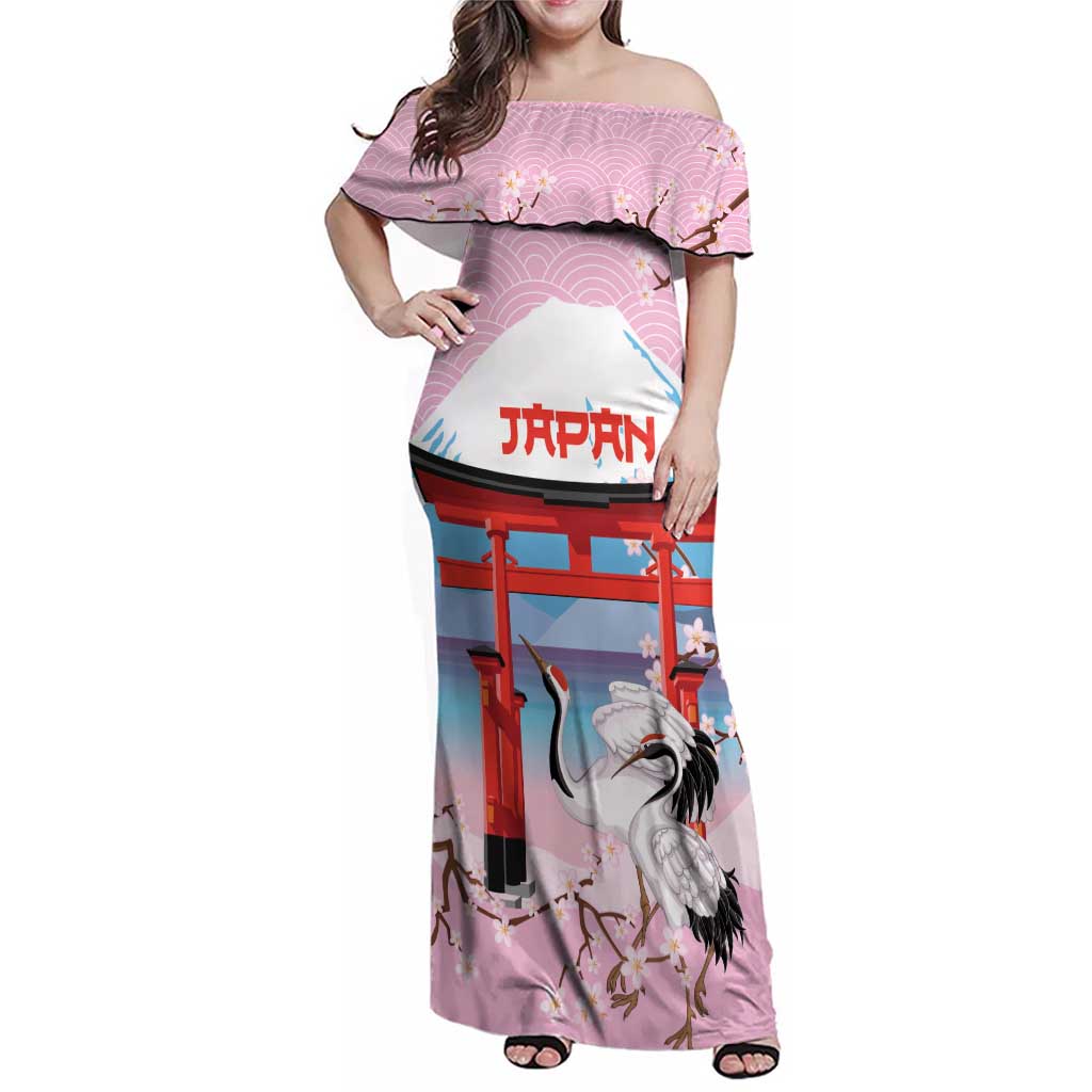 Japanese Torii Gate Cranes Personalised Family Matching Off Shoulder Maxi Dress and Hawaiian Shirt Fuji Mount Sakura Seigaiha Pattern LT14 Mom's Dress Pink - Polynesian Pride