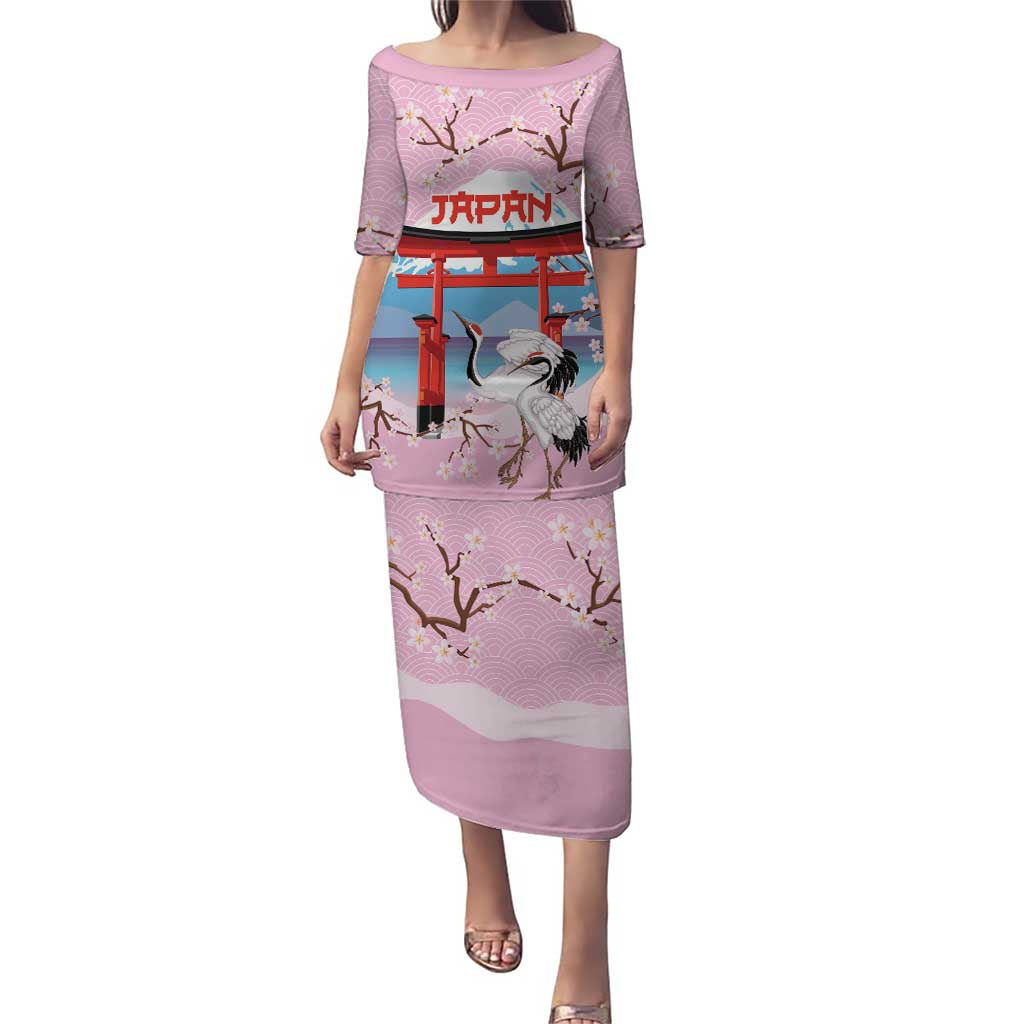 Japanese Torii Gate Cranes Personalised Family Matching Puletasi and Hawaiian Shirt Fuji Mount Sakura Seigaiha Pattern LT14 Mom's Dress Pink - Polynesian Pride