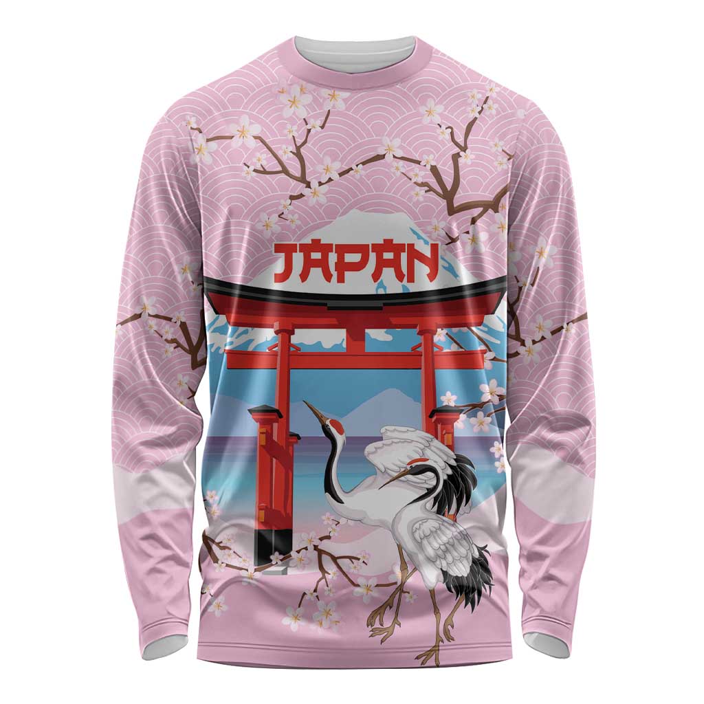 Japanese Torii Gate Cranes Personalised Long Sleeve Shirt Fuji Mount Sakura Seigaiha Pattern