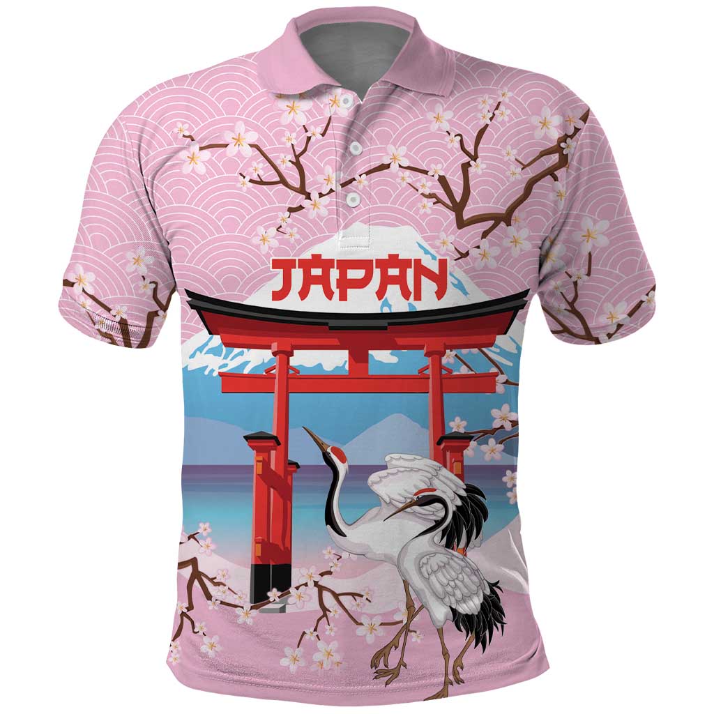 Japanese Torii Gate Cranes Personalised Polo Shirt Fuji Mount Sakura Seigaiha Pattern
