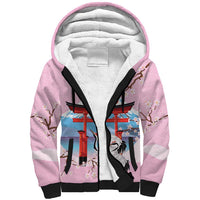 Japanese Torii Gate Cranes Personalised Sherpa Hoodie Fuji Mount Sakura Seigaiha Pattern