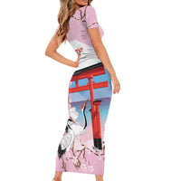 Japanese Torii Gate Cranes Personalised Short Sleeve Bodycon Dress Fuji Mount Sakura Seigaiha Pattern
