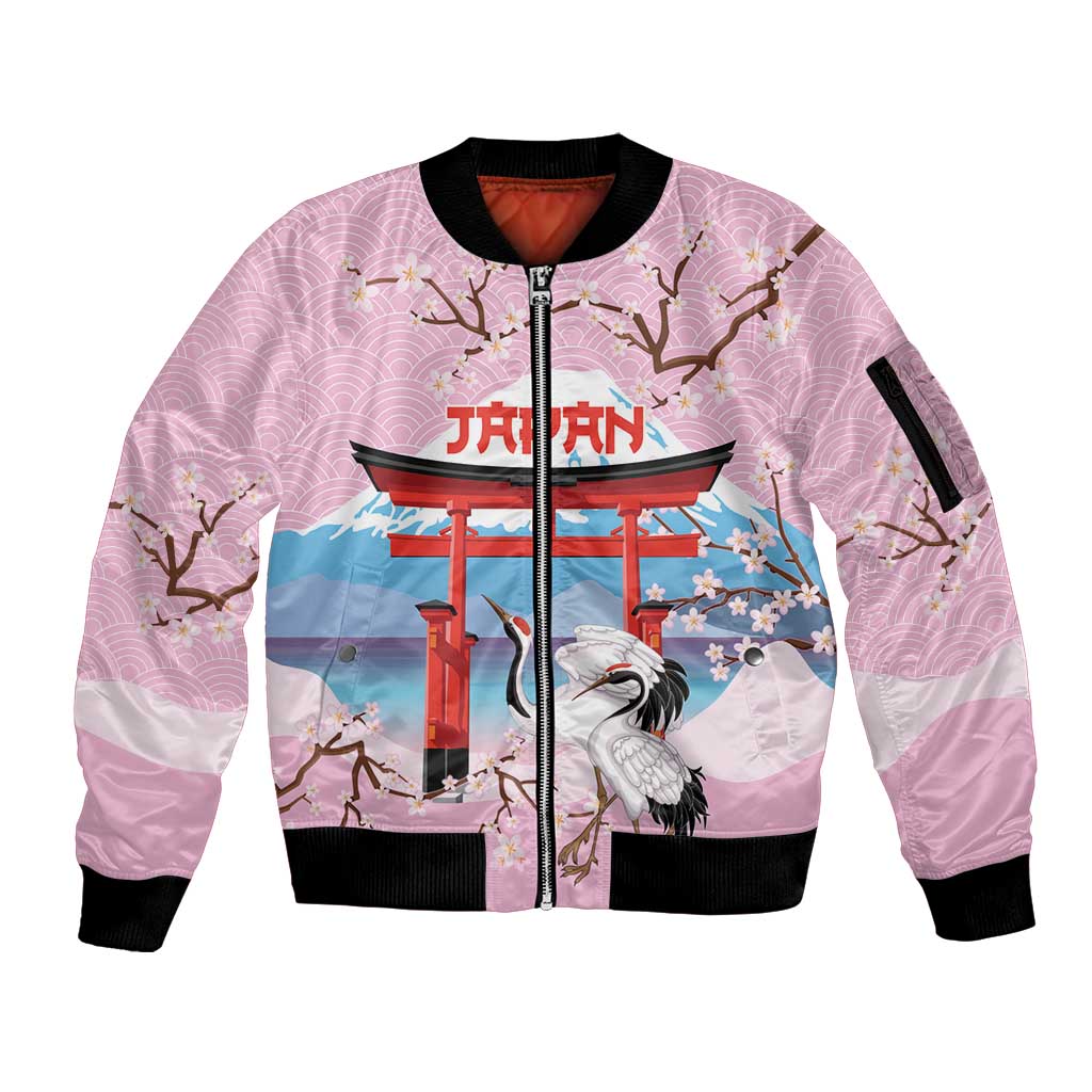 Japanese Torii Gate Cranes Personalised Sleeve Zip Bomber Jacket Fuji Mount Sakura Seigaiha Pattern