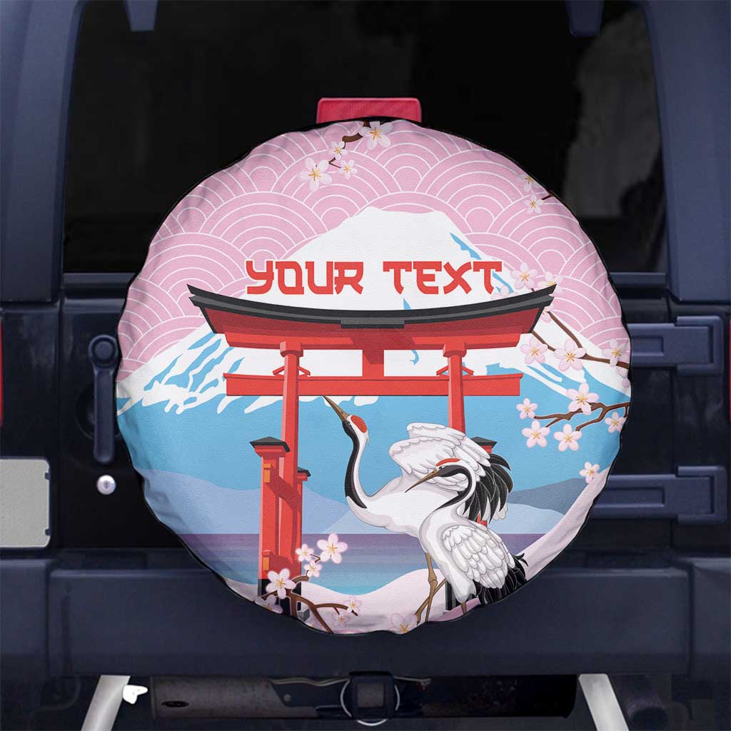 Japanese Torii Gate Cranes Personalised Spare Tire Cover Fuji Mount Sakura Seigaiha Pattern