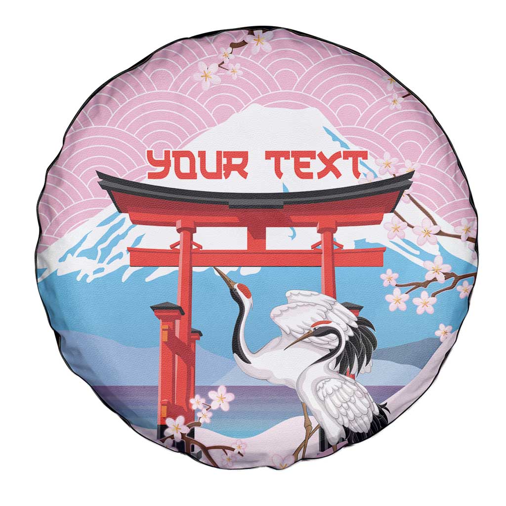 Japanese Torii Gate Cranes Personalised Spare Tire Cover Fuji Mount Sakura Seigaiha Pattern