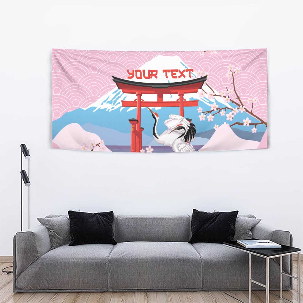 Japanese Torii Gate Cranes Personalised Tapestry Fuji Mount Sakura Seigaiha Pattern