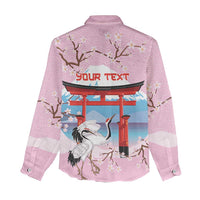 Japanese Torii Gate Cranes Personalised Women Casual Shirt Fuji Mount Sakura Seigaiha Pattern