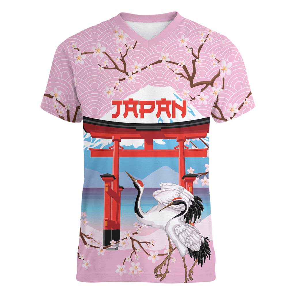Japanese Torii Gate Cranes Personalised Women V-Neck T-Shirt Fuji Mount Sakura Seigaiha Pattern LT14 Female Pink - Polynesian Pride
