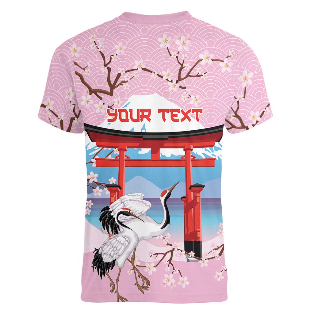 Japanese Torii Gate Cranes Personalised Women V-Neck T-Shirt Fuji Mount Sakura Seigaiha Pattern LT14 - Polynesian Pride