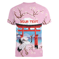 Japanese Torii Gate Cranes Personalised Women V-Neck T-Shirt Fuji Mount Sakura Seigaiha Pattern LT14 - Polynesian Pride