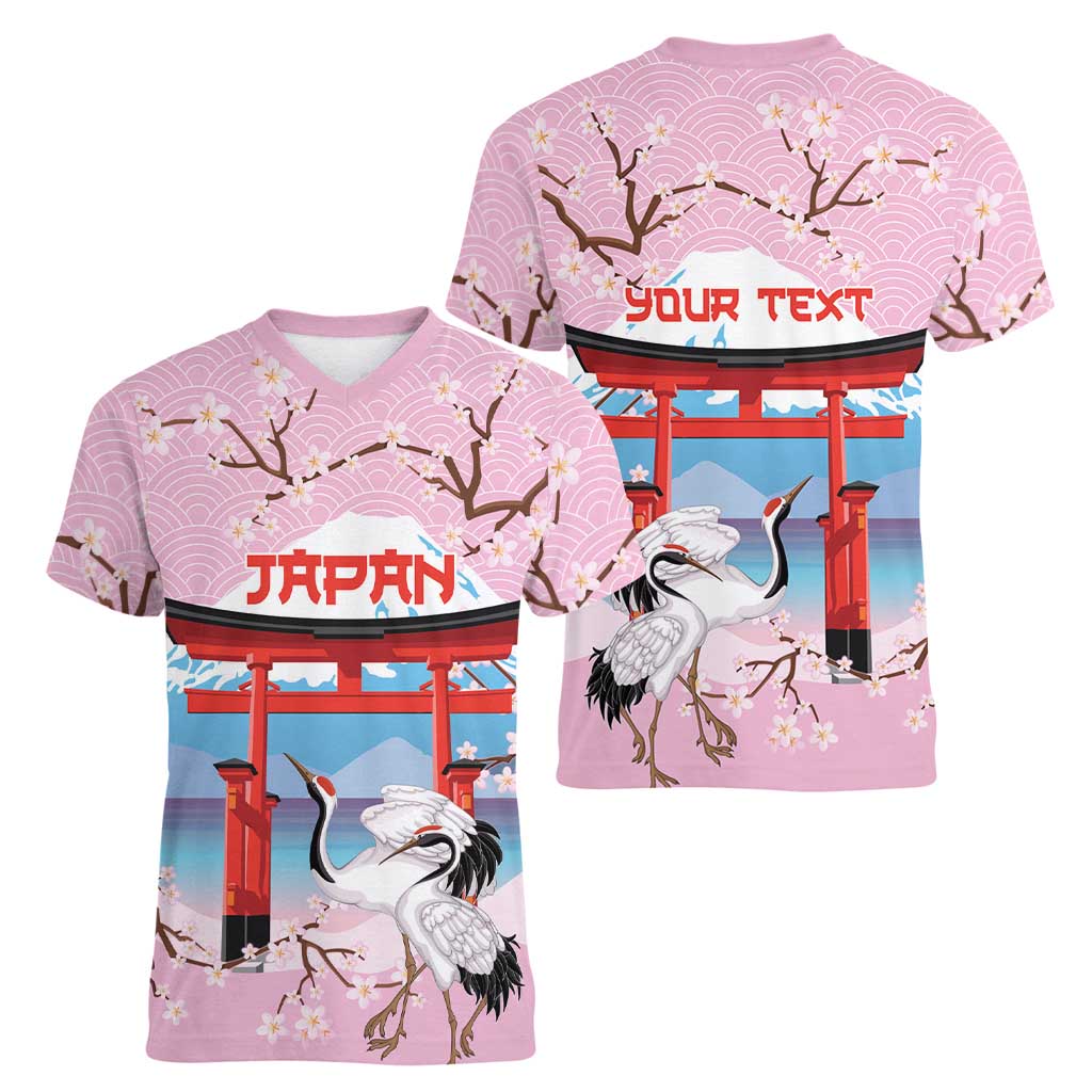 Japanese Torii Gate Cranes Personalised Women V-Neck T-Shirt Fuji Mount Sakura Seigaiha Pattern LT14 - Polynesian Pride
