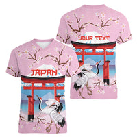 Japanese Torii Gate Cranes Personalised Women V-Neck T-Shirt Fuji Mount Sakura Seigaiha Pattern LT14 - Polynesian Pride