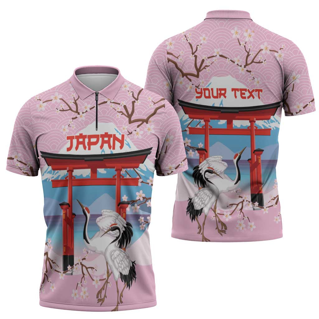 Japanese Torii Gate Cranes Personalised Zipper Polo Shirt Fuji Mount Sakura Seigaiha Pattern