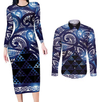 Matariki New Zealand Couples Matching Long Sleeve Bodycon Dress and Long Sleeve Button Shirt NZ Niho Taniwha Maori New Year Blue Galaxy LT14 Blue - Polynesian Pride