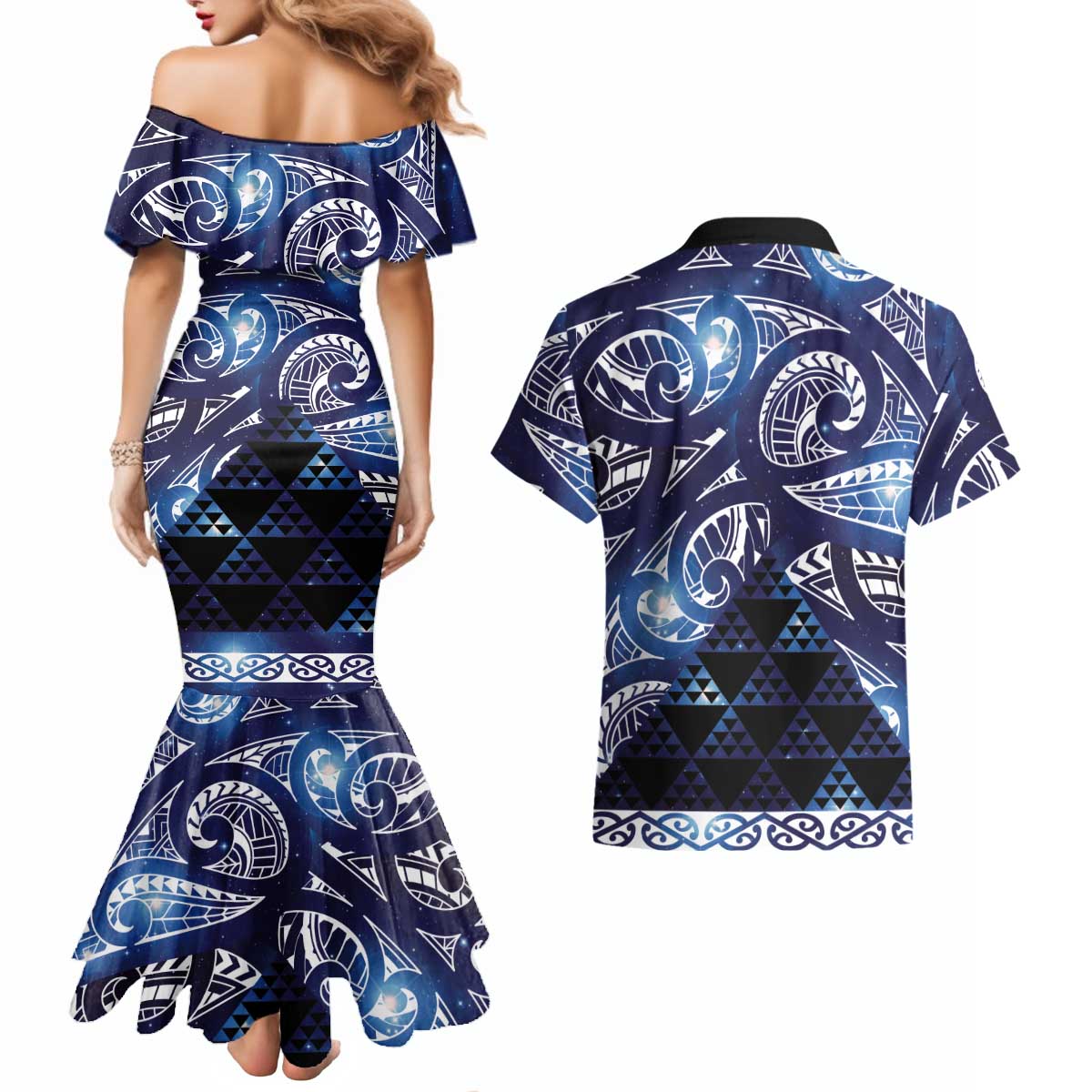 Matariki New Zealand Couples Matching Mermaid Dress and Hawaiian Shirt NZ Niho Taniwha Maori New Year Blue Galaxy LT14 - Polynesian Pride