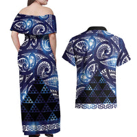 Matariki New Zealand Couples Matching Off Shoulder Maxi Dress and Hawaiian Shirt NZ Niho Taniwha Maori New Year Blue Galaxy LT14 - Polynesian Pride