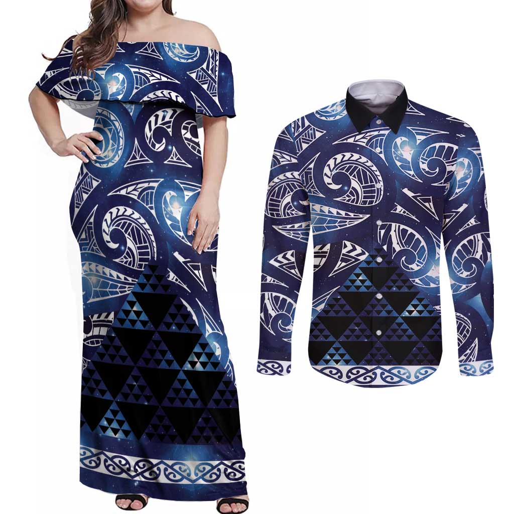 Matariki New Zealand Couples Matching Off Shoulder Maxi Dress and Long Sleeve Button Shirt NZ Niho Taniwha Maori New Year Blue Galaxy LT14 Blue - Polynesian Pride