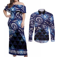 Matariki New Zealand Couples Matching Off Shoulder Maxi Dress and Long Sleeve Button Shirt NZ Niho Taniwha Maori New Year Blue Galaxy LT14 Blue - Polynesian Pride
