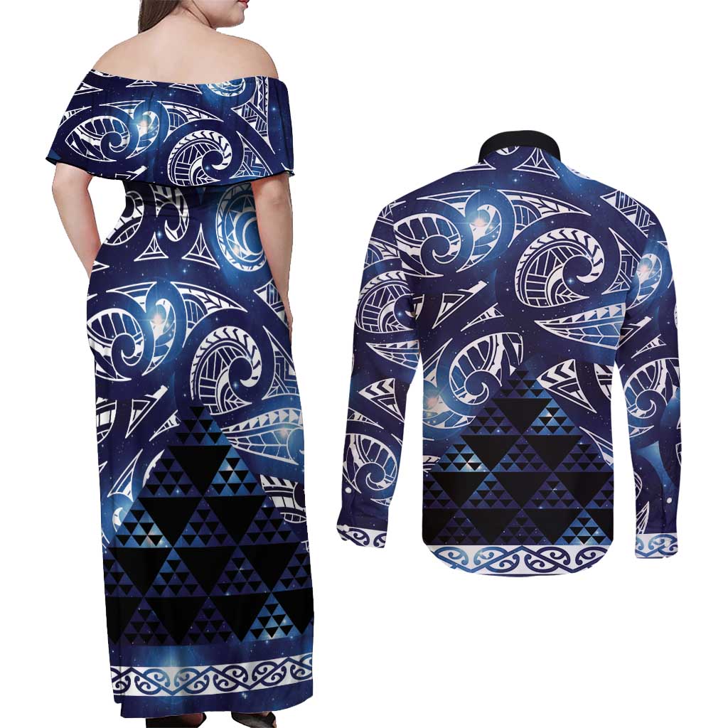 Matariki New Zealand Couples Matching Off Shoulder Maxi Dress and Long Sleeve Button Shirt NZ Niho Taniwha Maori New Year Blue Galaxy LT14 - Polynesian Pride