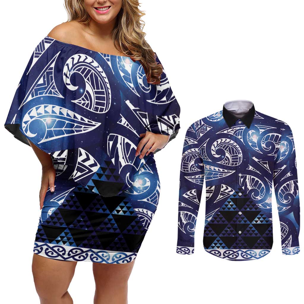 Matariki New Zealand Couples Matching Off Shoulder Short Dress and Long Sleeve Button Shirt NZ Niho Taniwha Maori New Year Blue Galaxy LT14 Blue - Polynesian Pride