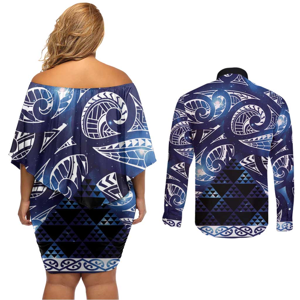 Matariki New Zealand Couples Matching Off Shoulder Short Dress and Long Sleeve Button Shirt NZ Niho Taniwha Maori New Year Blue Galaxy LT14 - Polynesian Pride